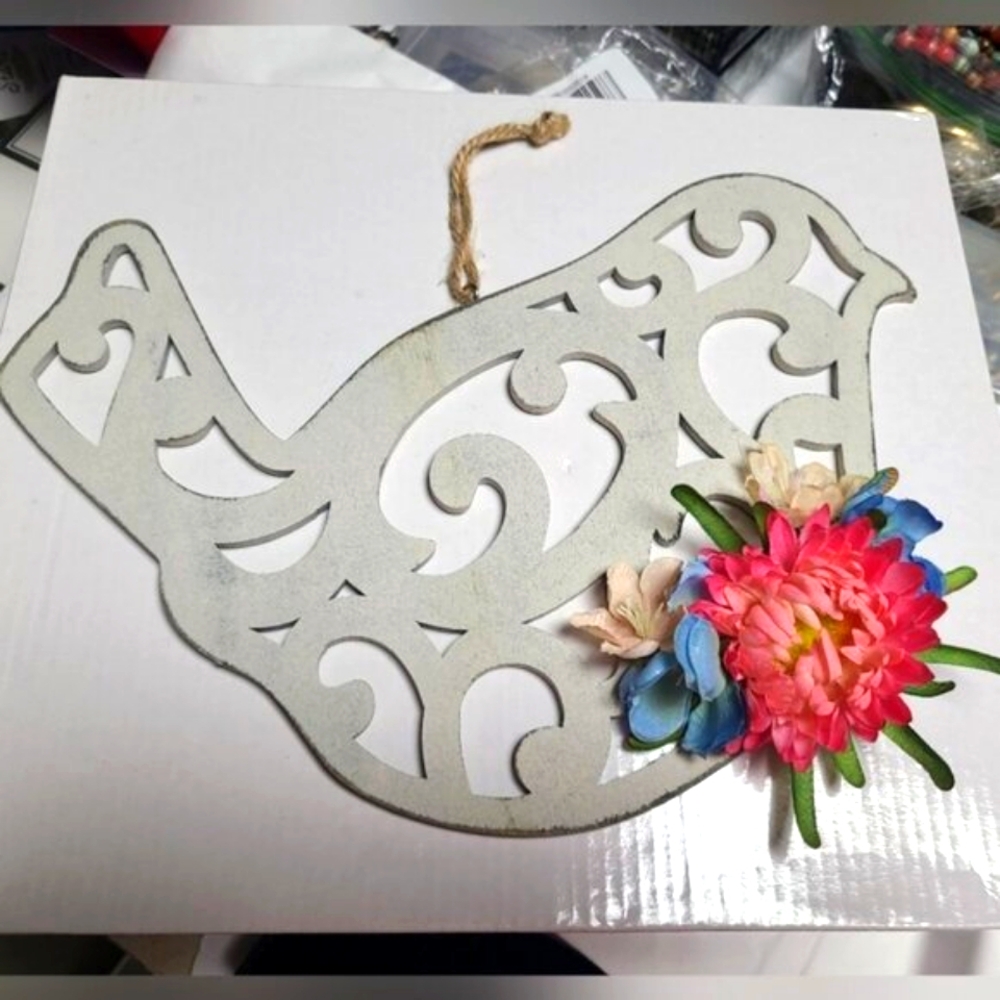 Wooden Lasercut Filigree Floral Bird Hanging Wood Sign Spring Bird Decor